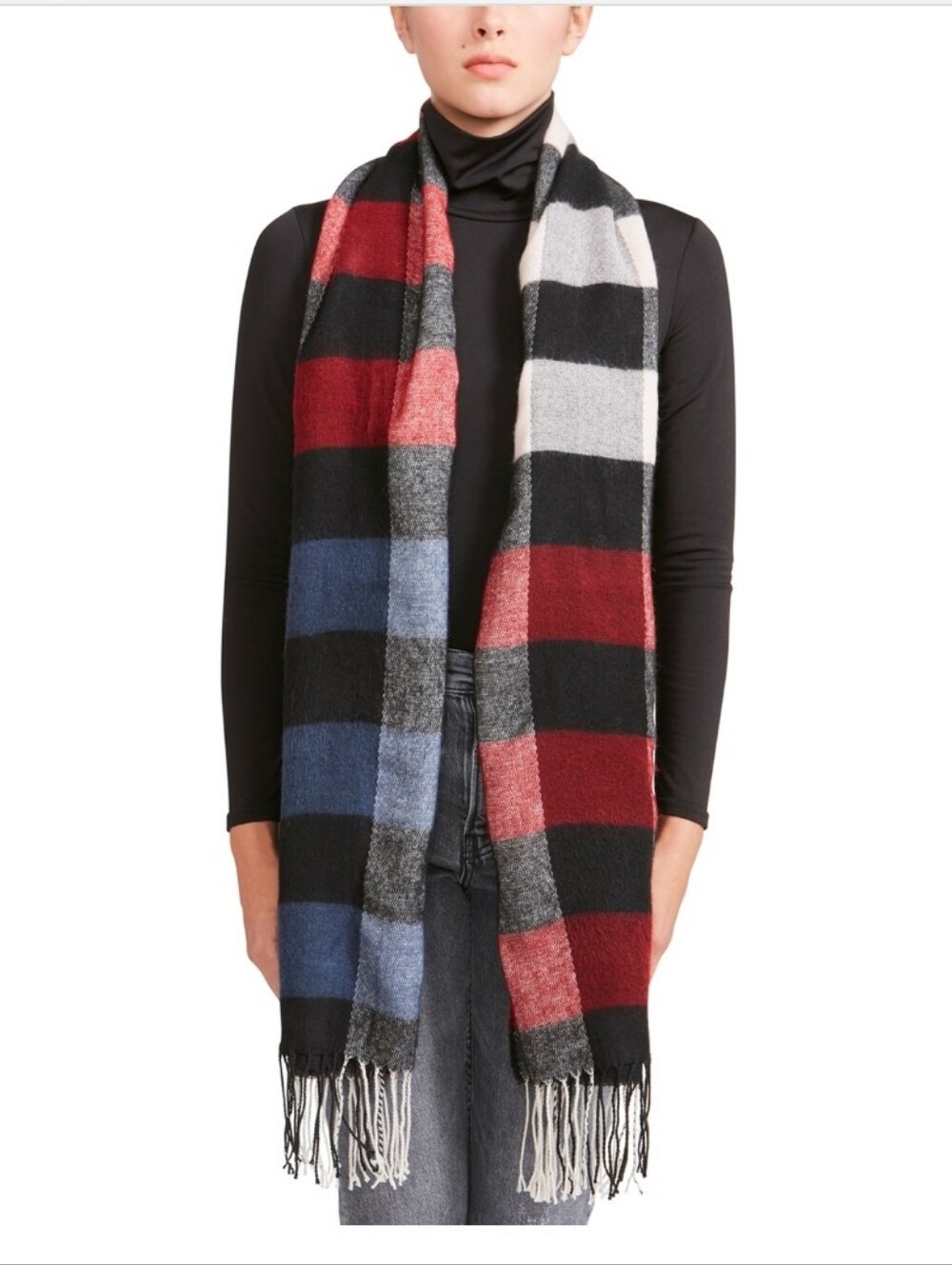 Steve Madden "Berry Multiple" Color Plaid Fringe Scarf - Black, Red, Blue NWT